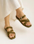 Crosvia olive green flats with crossover padded straps and gold buckle – Essence by Rubina